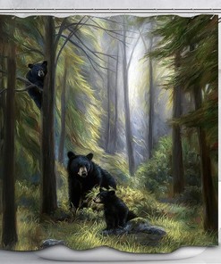 Green Forest Black Bear Family Shower Curtain for Bathroom Decor