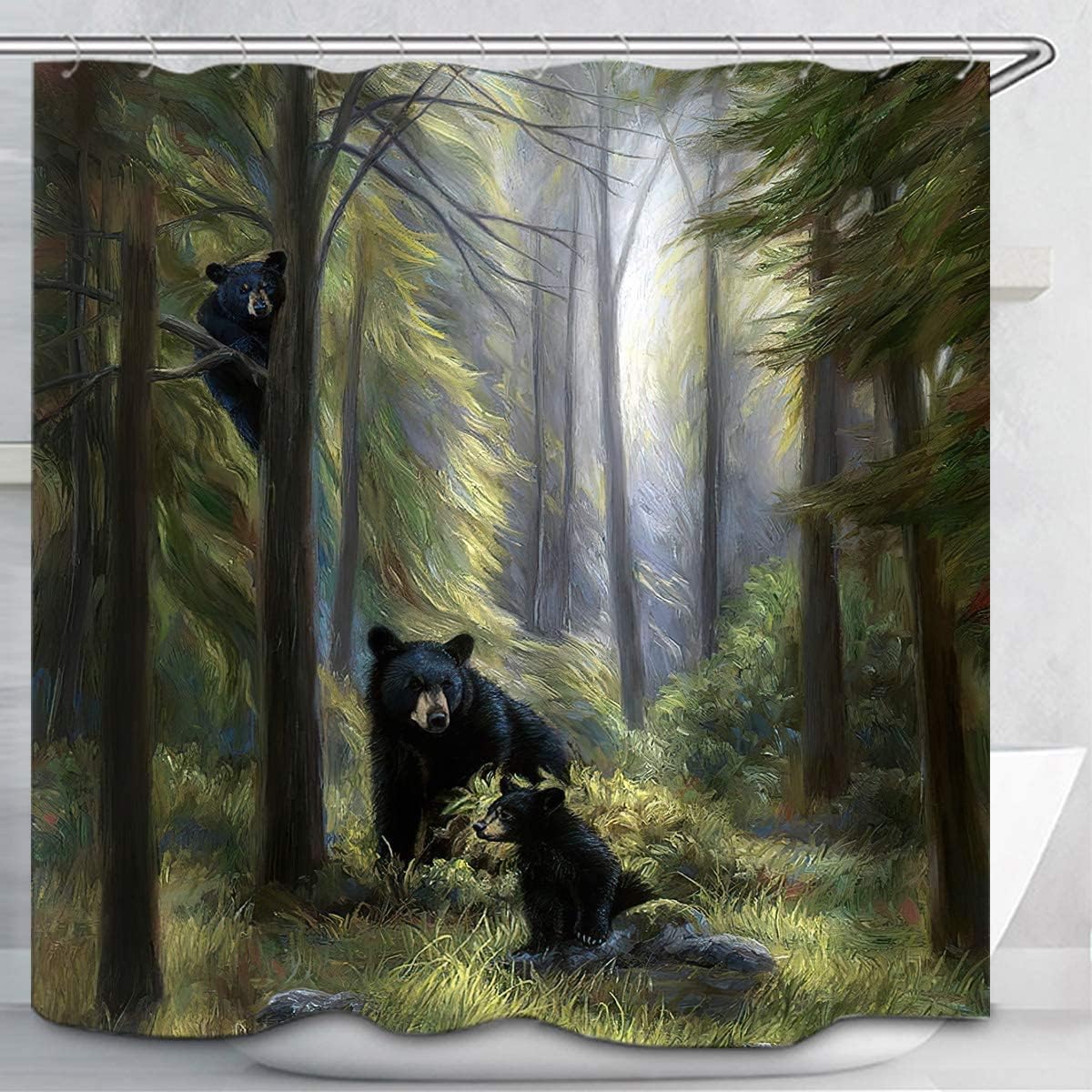 Green Forest Black Bear Family Shower Curtain for Bathroom Decor