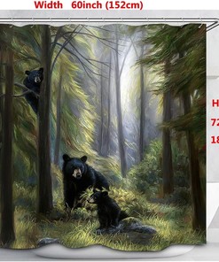 Green Forest Black Bear Family Shower Curtain for Bathroom Decor