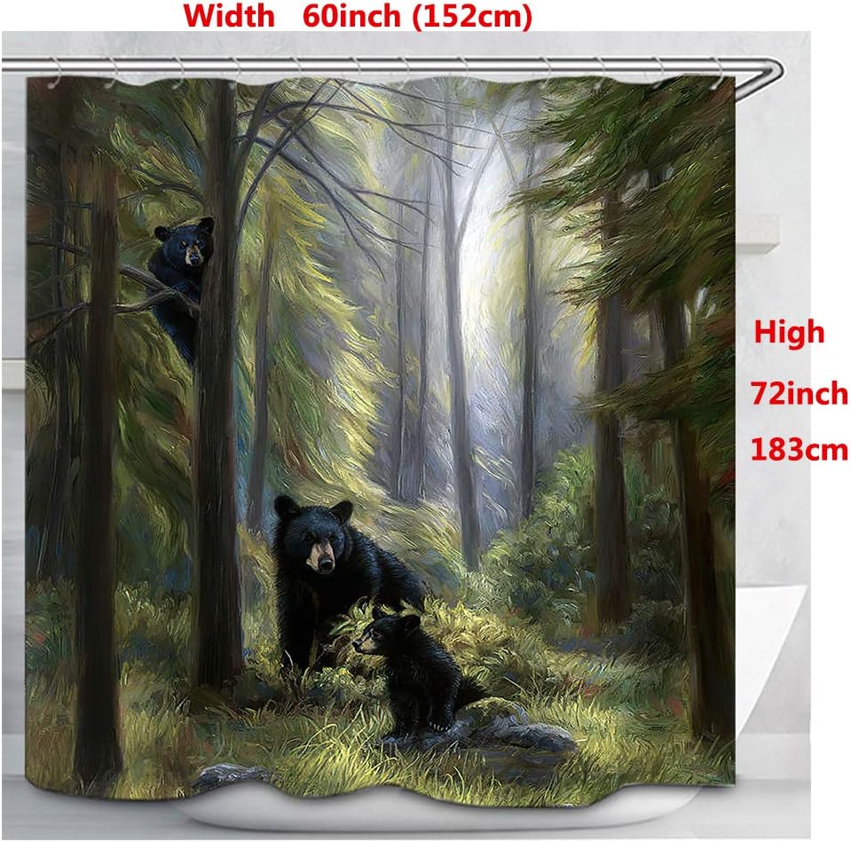 Green Forest Black Bear Family Shower Curtain for Bathroom Decor