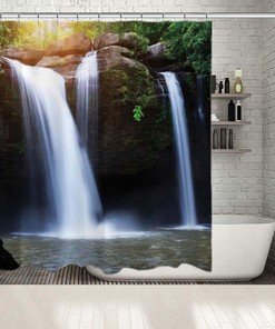 Green Forest Waterfall Bathroom Shower Curtain - Waterproof Fabric