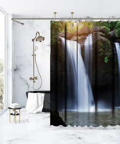 Green Forest Waterfall Bathroom Shower Curtain - Waterproof Fabric