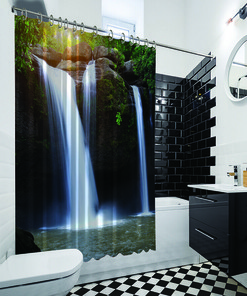 Green Forest Waterfall Bathroom Shower Curtain - Waterproof Fabric
