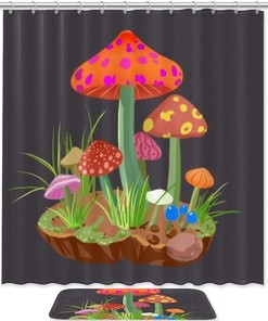Green Grass Mushroom Waterproof Shower Curtain for Bathroom Decor