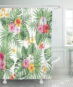 Green Hawaiian Tropical Palm Leaves Shower Curtain Set - Floral Bathroom Decor