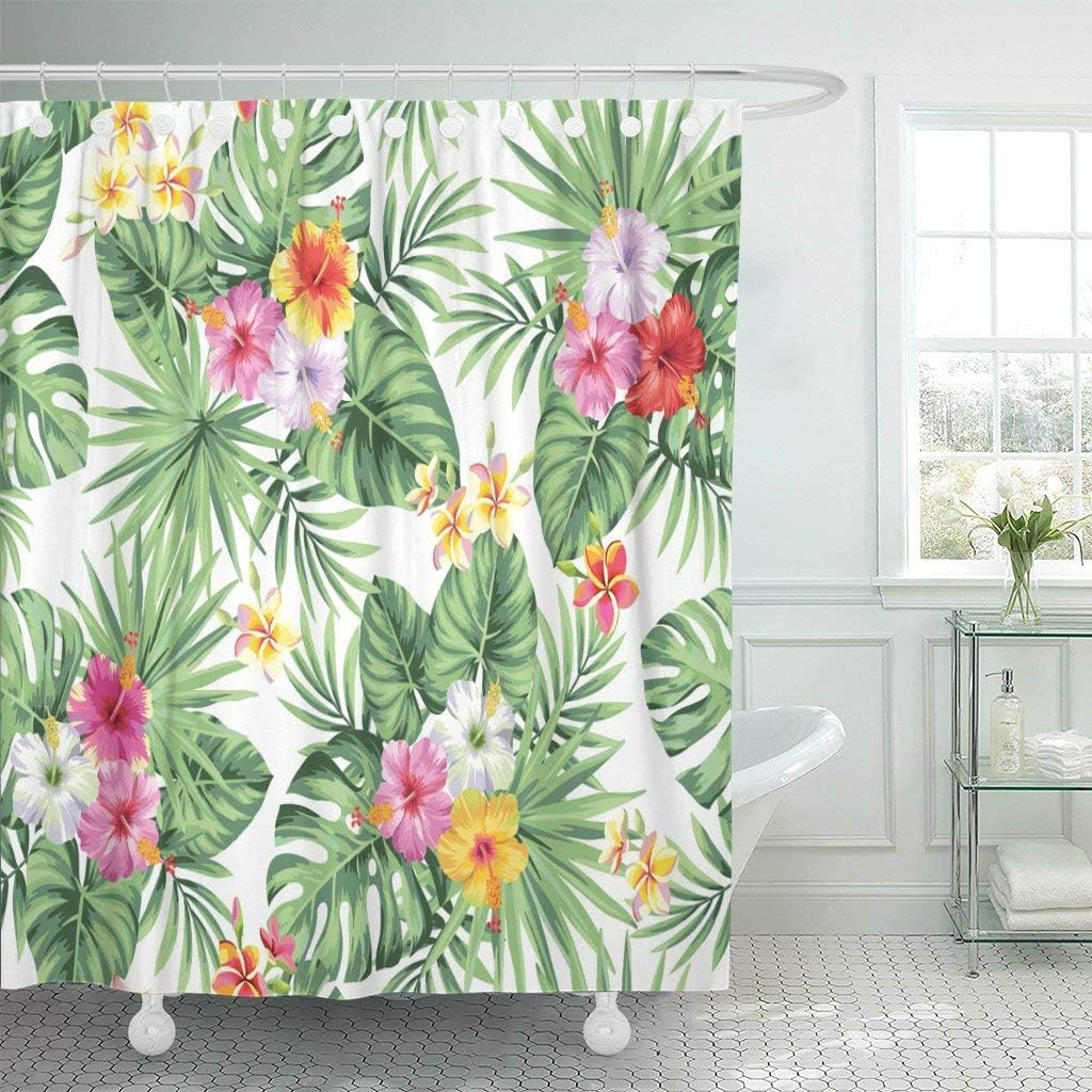 Green Hawaiian Tropical Palm Leaves Shower Curtain Set - Floral Bathroom Decor