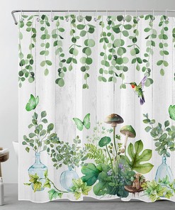 Green Hummingbird Botanical Shower Curtain, Mushroom, and Eucalyptus Leaf on Grey Wood for Farmhouse Bathroom Decor