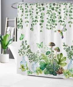 Green Hummingbird Botanical Shower Curtain, Mushroom, and Eucalyptus Leaf on Grey Wood for Farmhouse Bathroom Decor