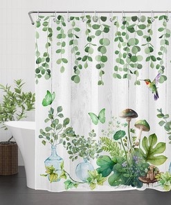Green Hummingbird Botanical Shower Curtain, Mushroom, and Eucalyptus Leaf on Grey Wood for Farmhouse Bathroom Decor