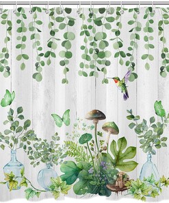 Green Hummingbird Botanical Shower Curtain, Mushroom, and Eucalyptus Leaf on Grey Wood for Farmhouse Bathroom Decor