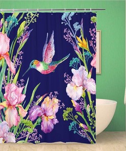 Green Irises Watercolor Shower Curtain - Small Hummingbird Exotic Blue Fabric Bathroom Decor