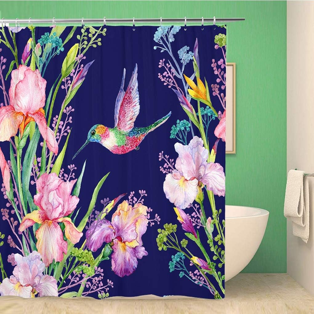 Green Irises Watercolor Shower Curtain - Small Hummingbird Exotic Blue Fabric Bathroom Decor