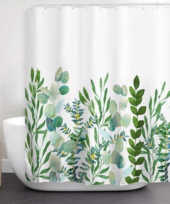 Green Leaf Shower Curtain - Botanical Watercolor Floral Bath Curtain for Aesthetic Bathroom Decor