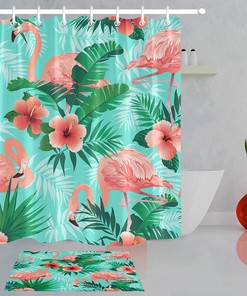 Green Leaves Flamingo Shower Curtain Waterproof Fabric Tropical Bathroom Decor