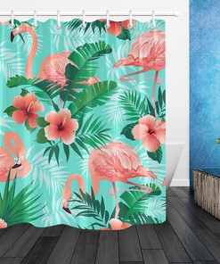 Green Leaves Flamingo Shower Curtain Waterproof Fabric Tropical Bathroom Decor