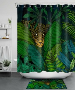 Green Leaves Leopard Jungle Shower Curtain Bathroom Decor 