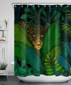 Green Leaves Leopard Jungle Shower Curtain Bathroom Decor