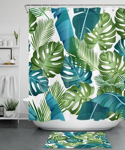 Green Leaves Shower Curtain with Tropical Plants Palm for a Jungle-Inspired Bathroom Decor