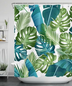 Green Leaves Shower Curtain with Tropical Plants Palm for a Jungle-Inspired Bathroom Decor