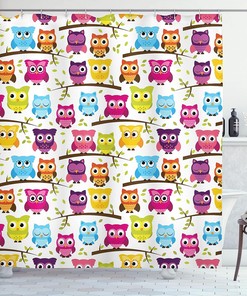 Green Magenta Owls Shower Curtain, Owls in the Forest Woodland Celebration Togetherness Themed, Bathroom Decor 