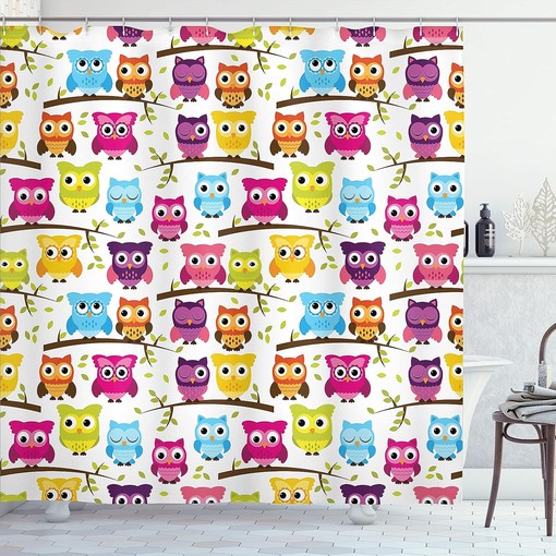 Green Magenta Owls Shower Curtain, Owls in the Forest Woodland Celebration Togetherness Themed, Bathroom Decor