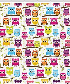 Green Magenta Owls Shower Curtain, Owls in the Forest Woodland Celebration Togetherness Themed, Bathroom Decor