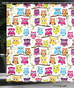 Green Magenta Owls Shower Curtain, Owls in the Forest Woodland Celebration Togetherness Themed, Bathroom Decor