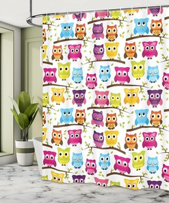 Green Magenta Owls Shower Curtain, Owls in the Forest Woodland Celebration Togetherness Themed, Bathroom Decor