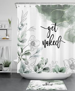 Green Marble Texture Shower Curtain with Botanical Floral Accents for Elegant Bathroom Decor