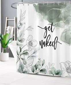 Green Marble Texture Shower Curtain with Botanical Floral Accents for Elegant Bathroom Decor