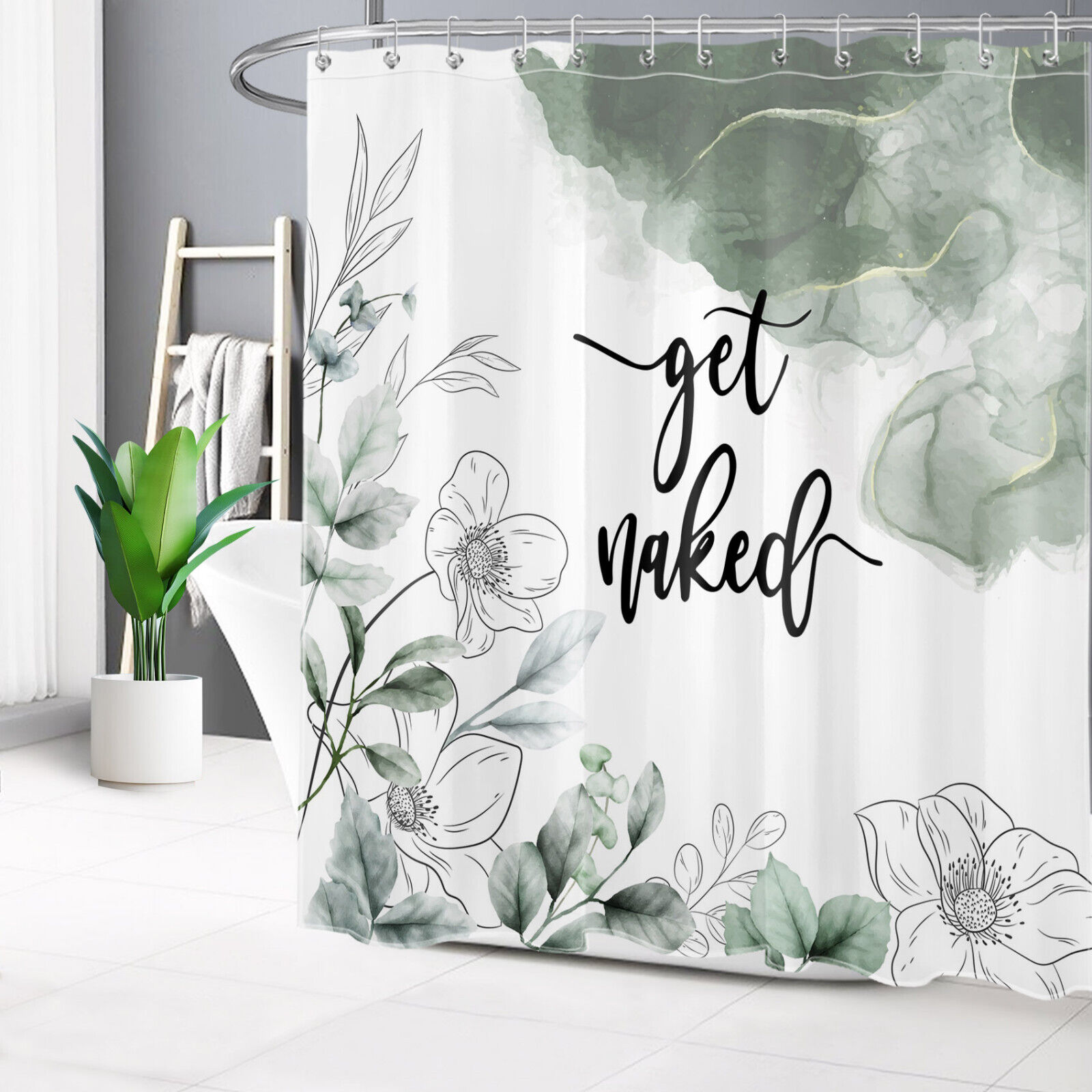 Green Marble Texture Shower Curtain with Botanical Floral Accents for Elegant Bathroom Decor