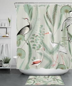 Green Nature Botanical Leaf Bird Animal Print Shower Curtain for Bathroom Decor