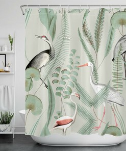 Green Nature Botanical Leaf Bird Animal Print Shower Curtain for Bathroom Decor