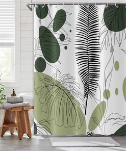 Green Palm Leaf, Abstract Leaves and Geometric Shower Curtain for Bathroom Decor 