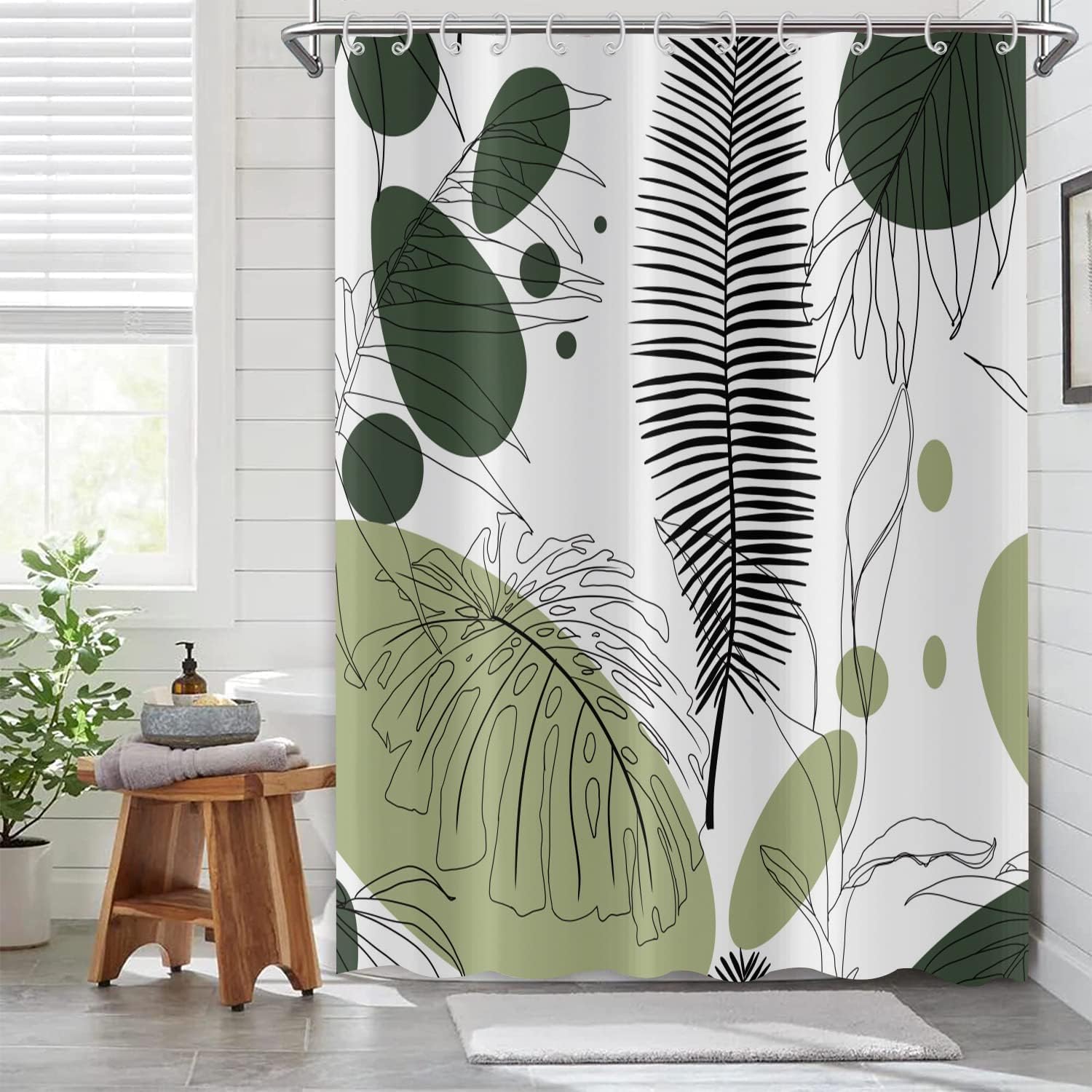 Green Palm Leaf, Abstract Leaves and Geometric Shower Curtain for Bathroom Decor
