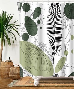 Green Palm Leaf, Abstract Leaves and Geometric Shower Curtain for Bathroom Decor