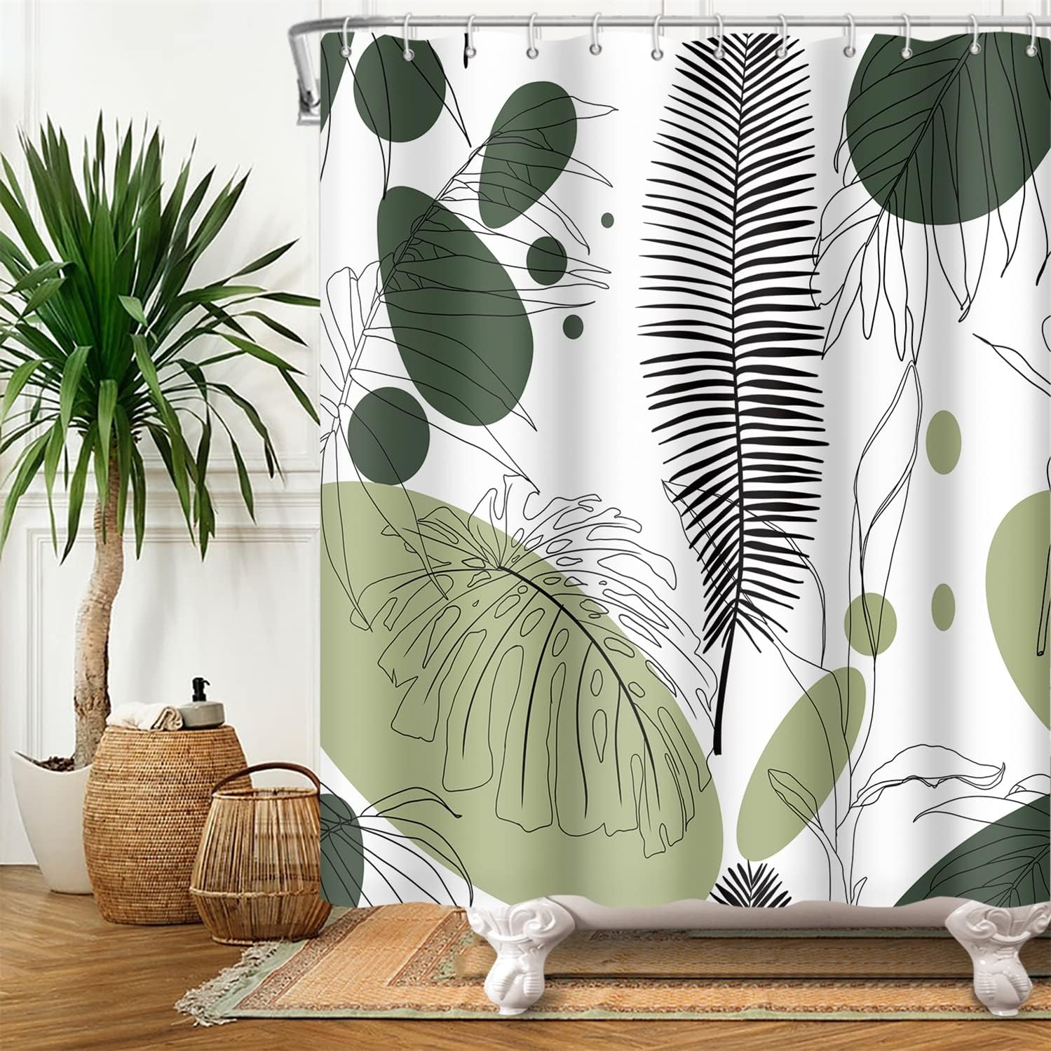 Green Palm Leaf, Abstract Leaves and Geometric Shower Curtain for Bathroom Decor