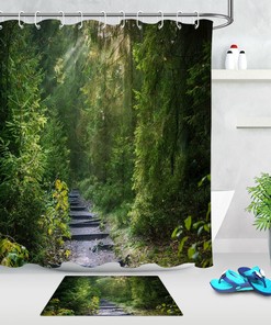 Green Rain Forest Trees Shower Curtain Waterproof Fabric Bathroom Decor