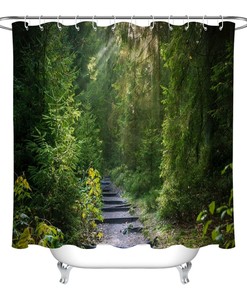 Green Rain Forest Trees Shower Curtain Waterproof Fabric Bathroom Decor