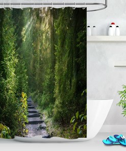 Green Rain Forest Trees Shower Curtain Waterproof Fabric Bathroom Decor