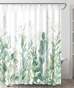 Green Watercolor Eucalyptus Plant Leaves Shower Curtain - Botanical Bathroom Decor