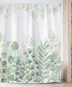 Green and White Plant Leaves Shower Curtain - Fabric for Bathroom Home Decor 