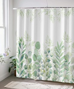 Green and White Plant Leaves Shower Curtain - Fabric for Bathroom Home Decor 
