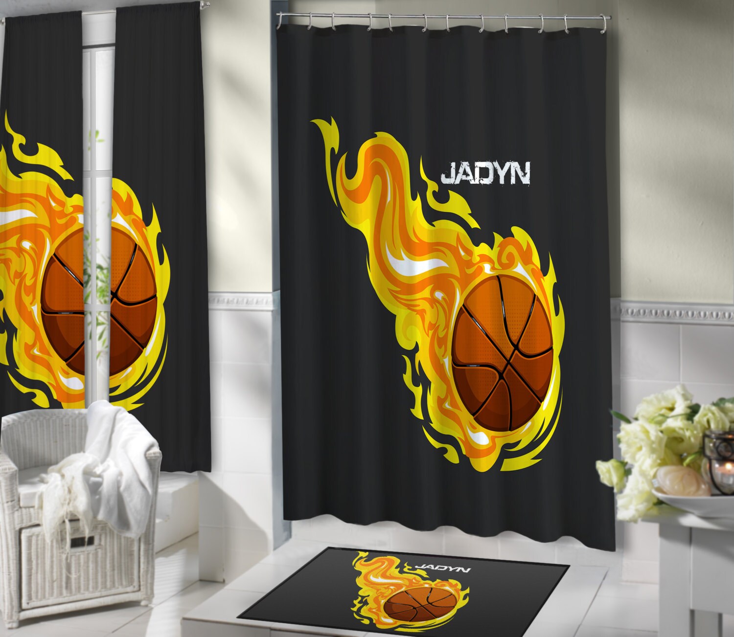 Grey Flames Basketball Shower Curtain - A Must-Have for Sports Themed Bathrooms
