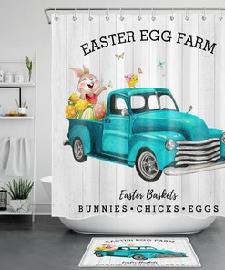 Grey Rustic Board Shower Curtain with Blue Truck and Funny Rabbit - Bathroom and Home Decor