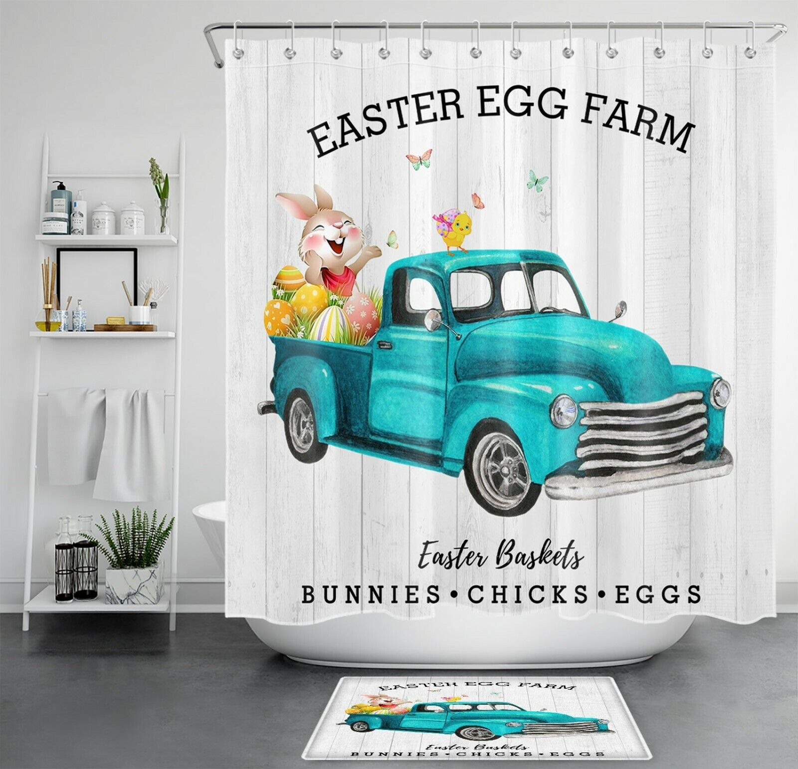 Grey Rustic Board Shower Curtain with Blue Truck and Funny Rabbit - Bathroom and Home Decor