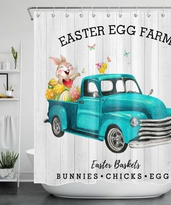 Grey Rustic Board Shower Curtain with Blue Truck and Funny Rabbit - Bathroom and Home Decor