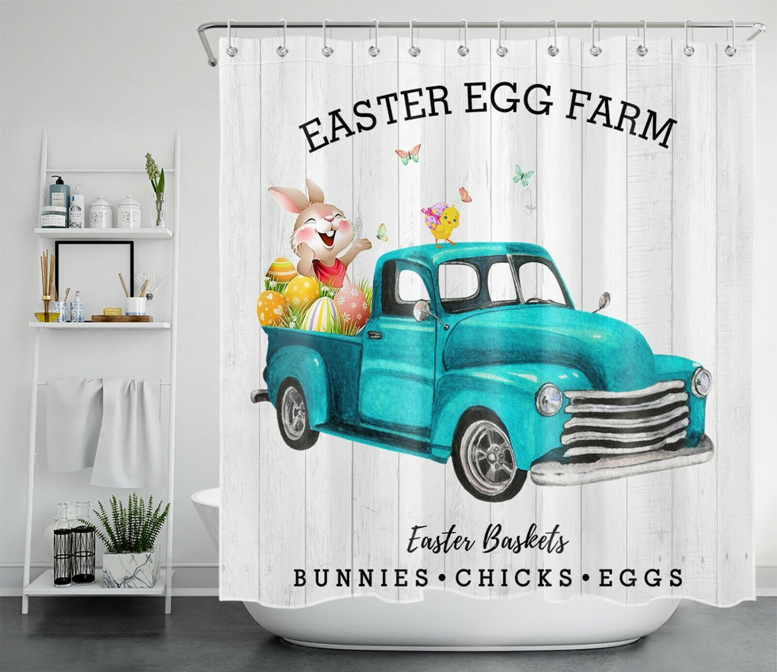 Grey Rustic Board Shower Curtain with Blue Truck and Funny Rabbit - Bathroom and Home Decor