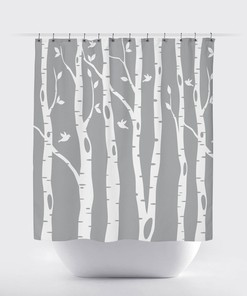 Grey and White Birch Tree Shower Curtain with Birds for Customized Home Decor