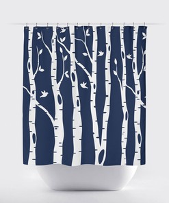 Grey and White Birch Tree Shower Curtain with Birds for Customized Home Decor